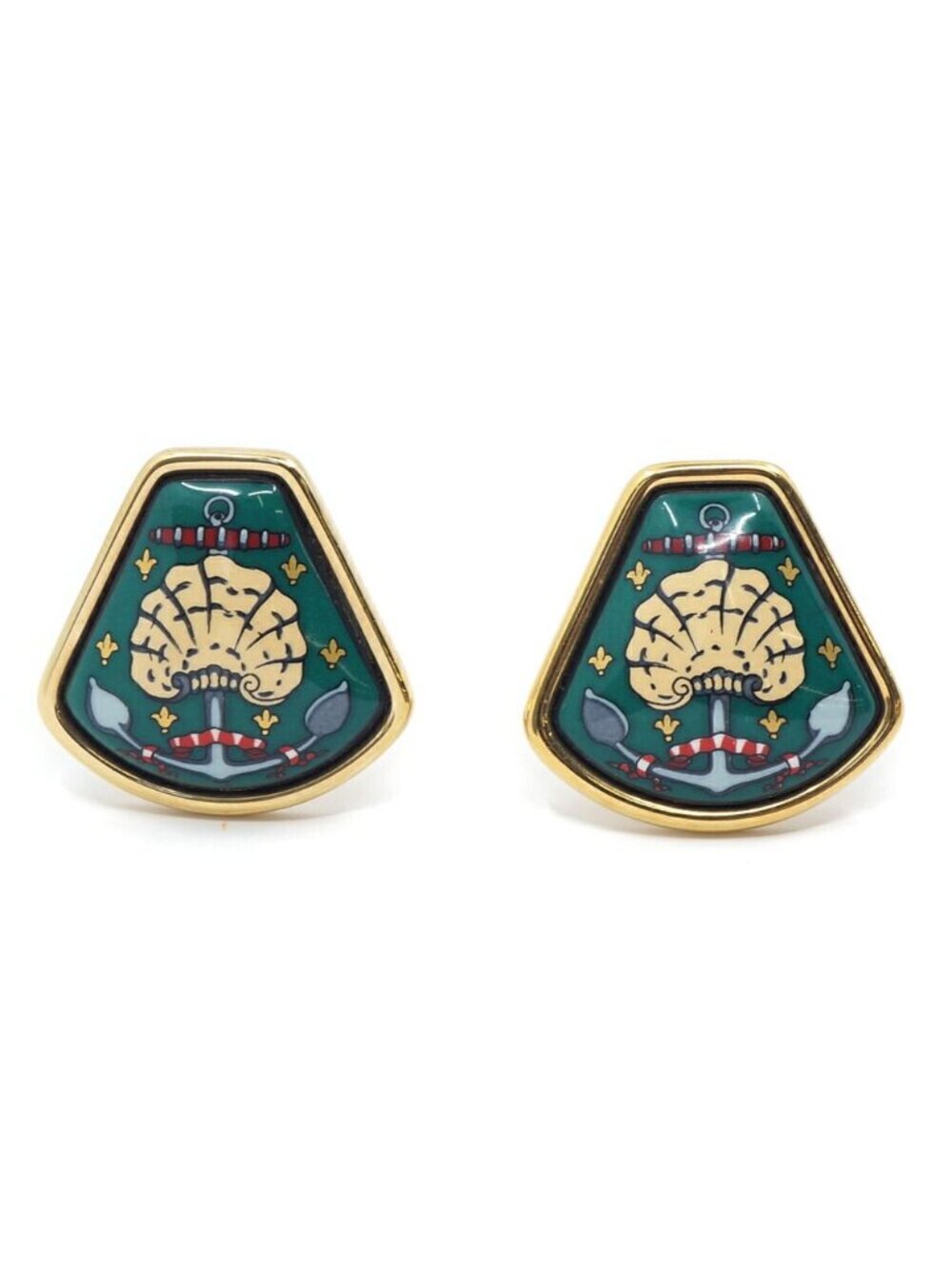 Hermes Enamel Earrings Seashells Gold Metal